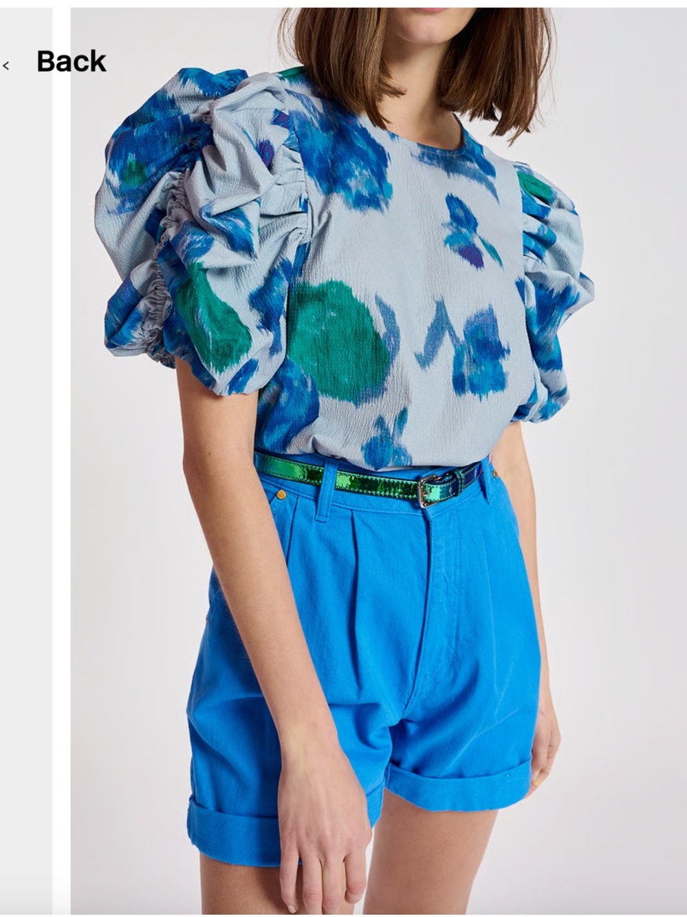 Anthro Essentiel Antwerp Floral Puff-Sleeve Blouse Blue & Teal Print 1 / Small